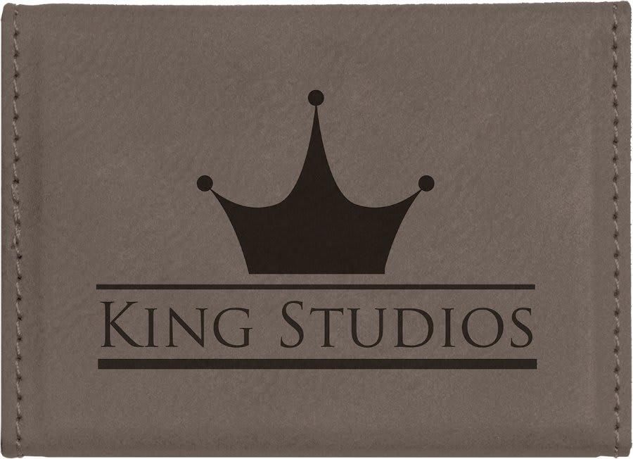 Personalized Business Card Holder, Engraved Faux Leather - Gray