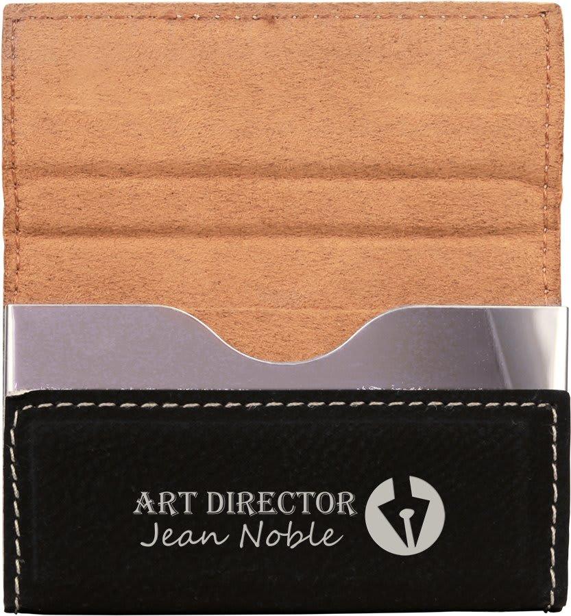 Personalized Business Card Holder, Engraved Faux Leather - Black/Silver