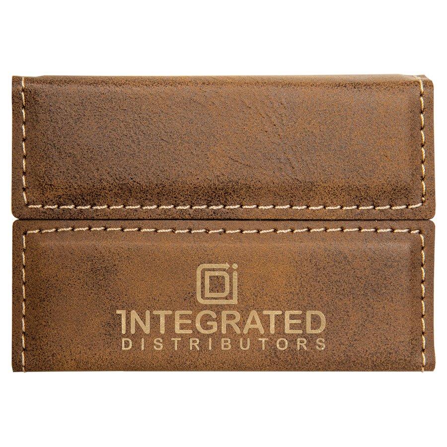 Personalized Business Card Holder, Engraved Faux Leather - Rustic/Gold