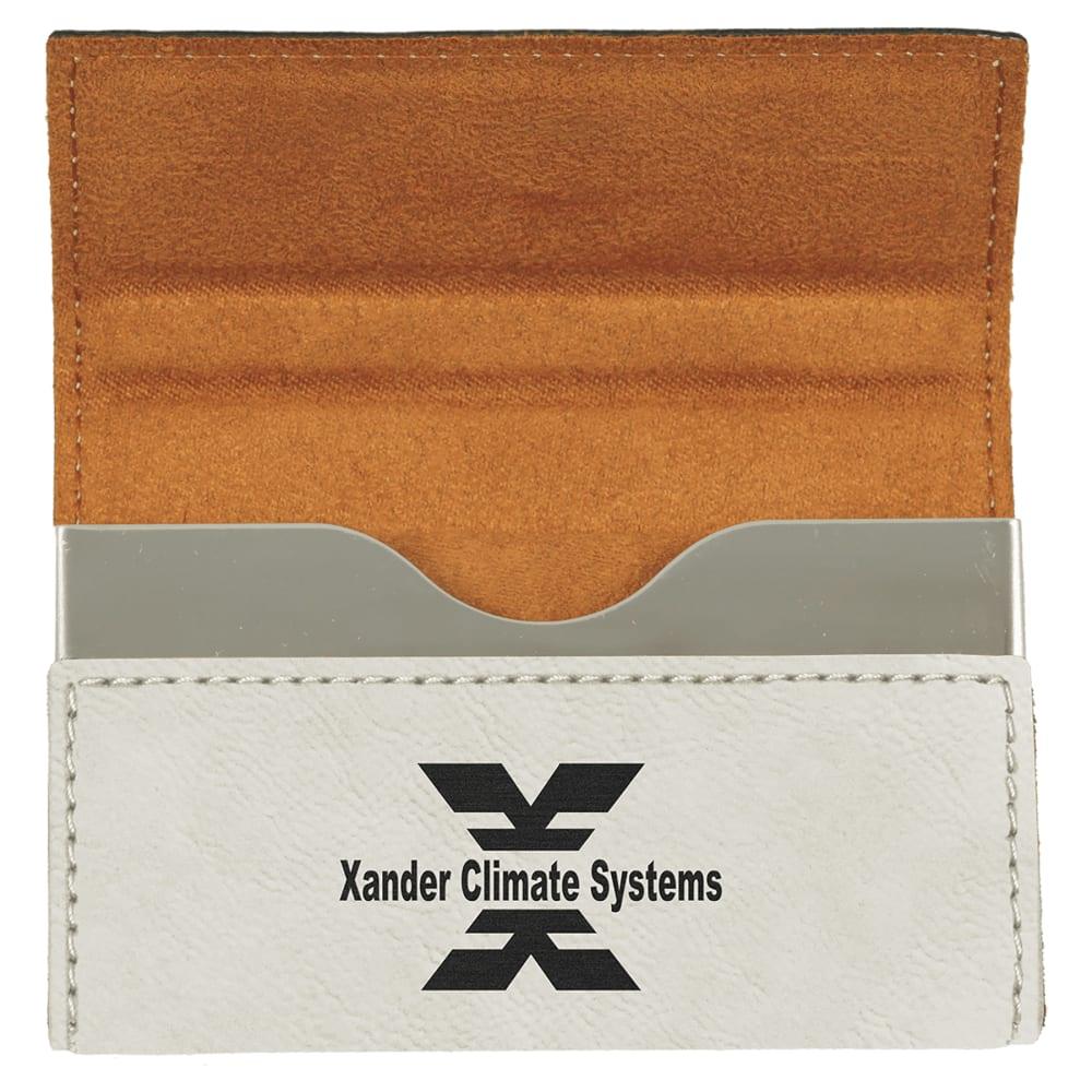 Personalized Business Card Holder, Engraved Faux Leather - White