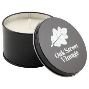 Personalized Candle in a Black Metal Tin - Weathered Oak
