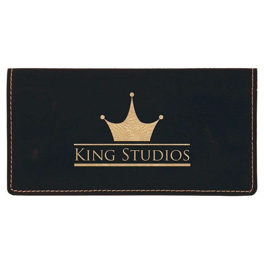 Personalized Checkbook Cover, Engraved Faux Leather - Black/Gold