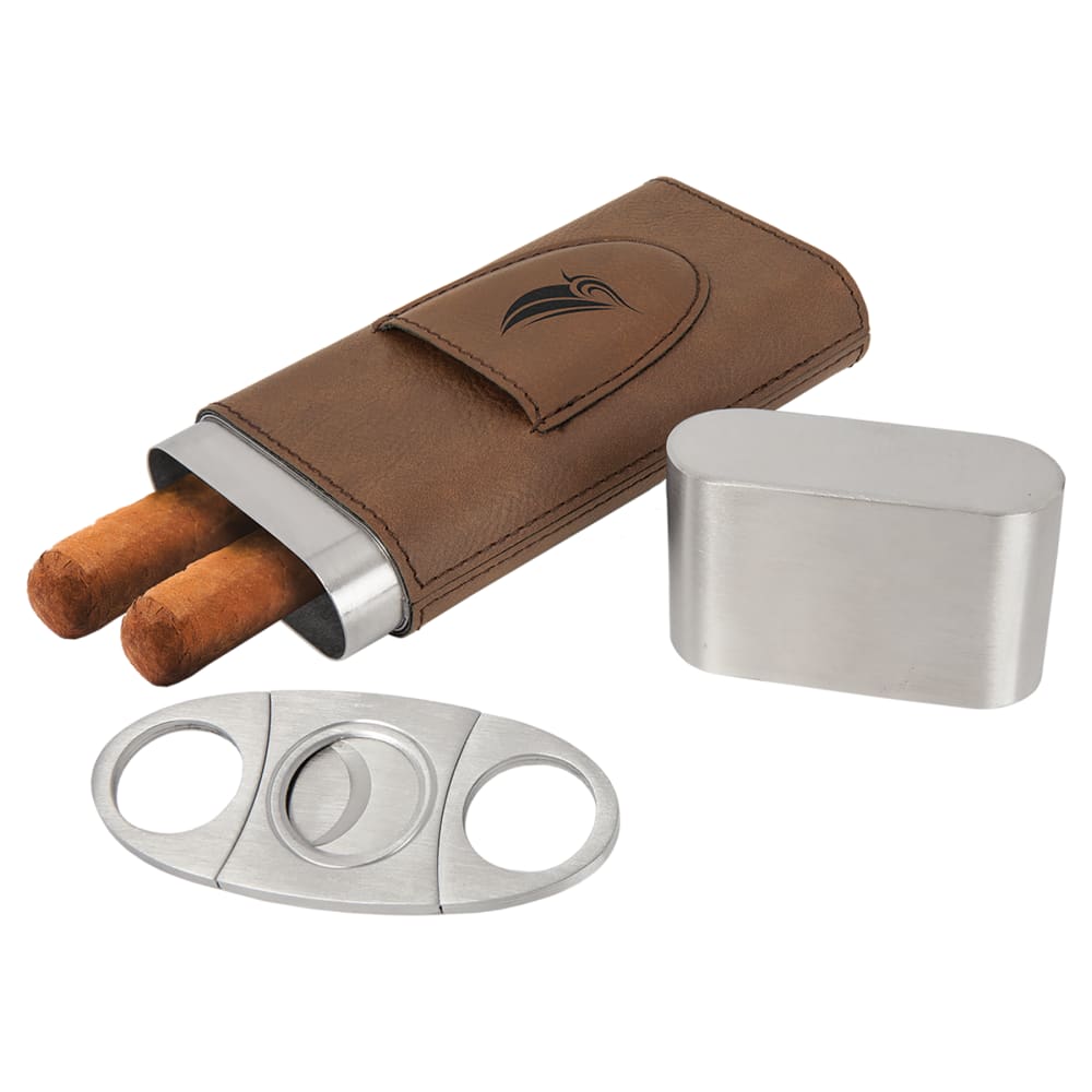 Personalized Cigar Case with Cutter, Engraved Faux Leather - Dark Brown