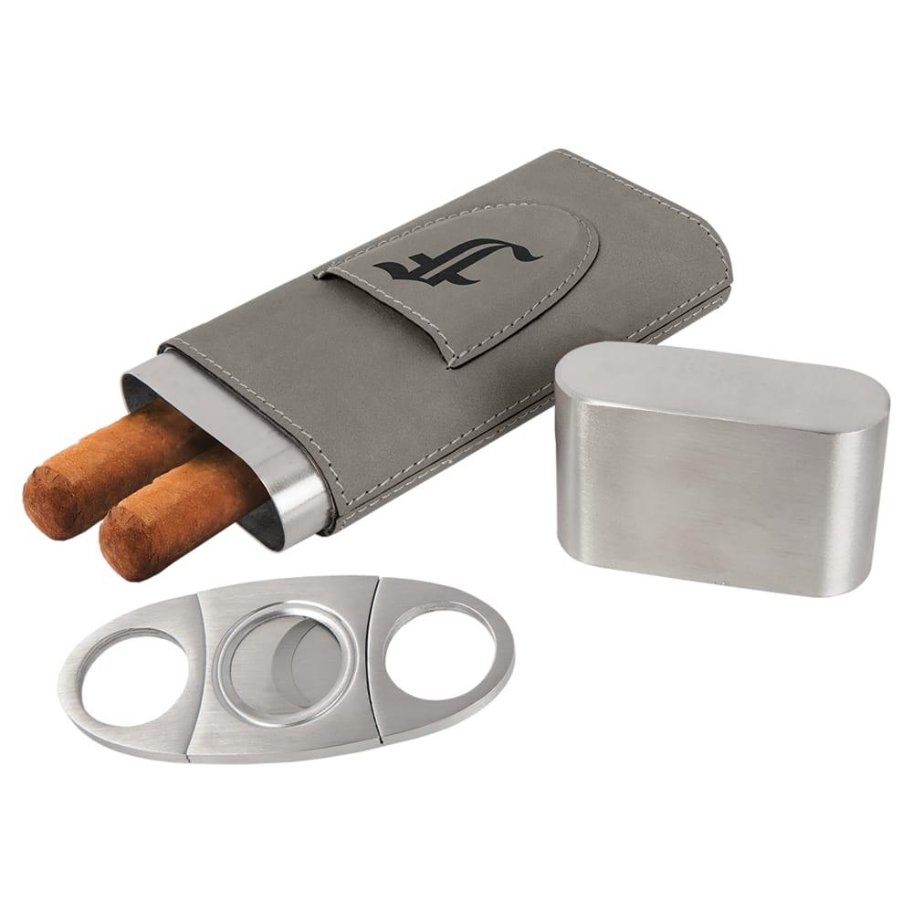 Personalized Cigar Case with Cutter, Engraved Faux Leather - Gray