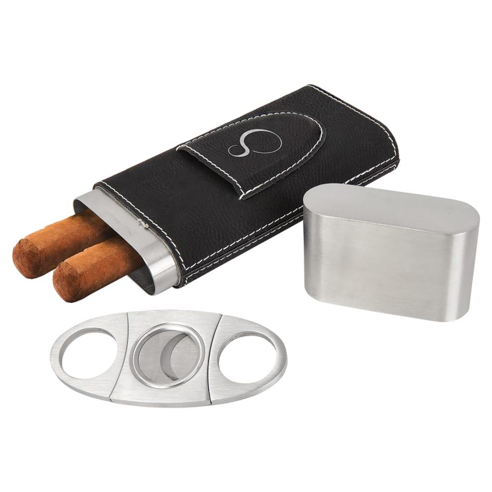 Personalized Cigar Case with Cutter, Engraved Faux Leather - Black/Silver