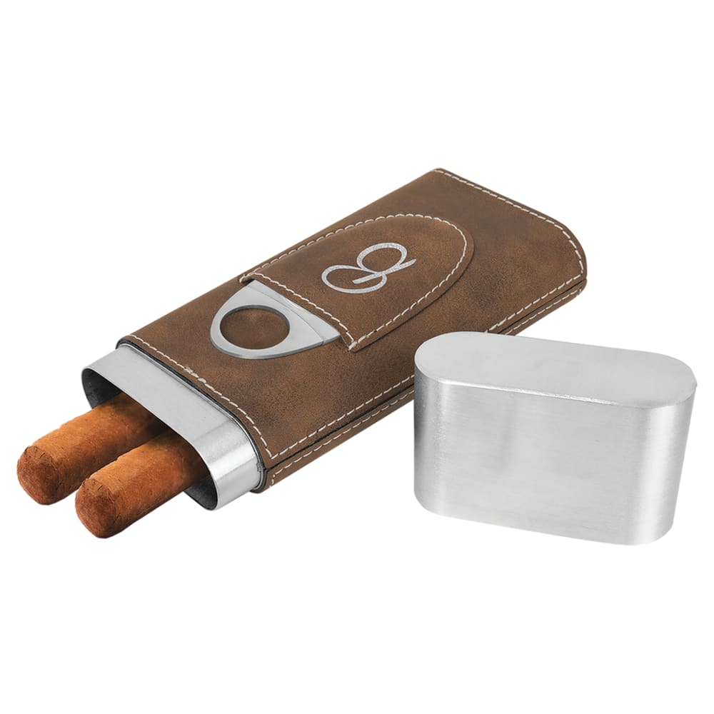 Personalized Cigar Case with Cutter, Engraved Faux Leather - Rustic/Silver