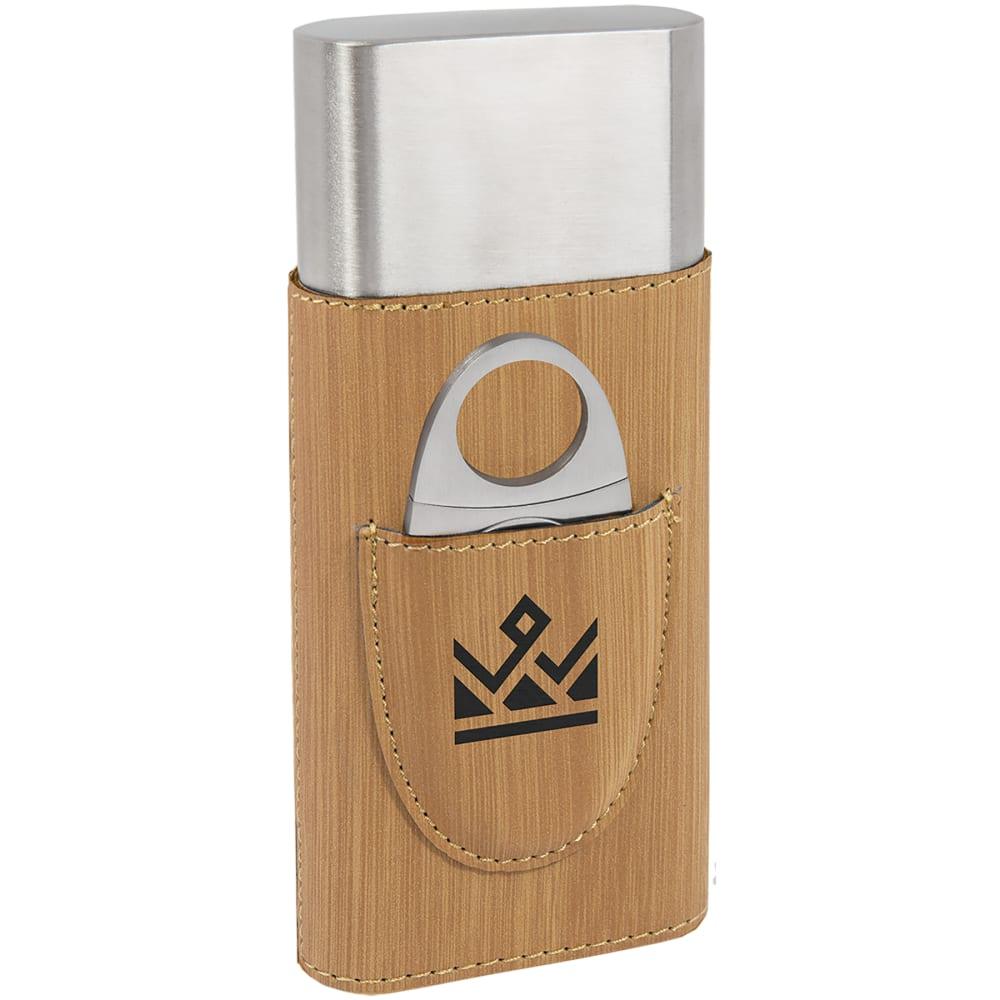 Personalized Cigar Case with Cutter, Engraved Faux Leather - Bamboo