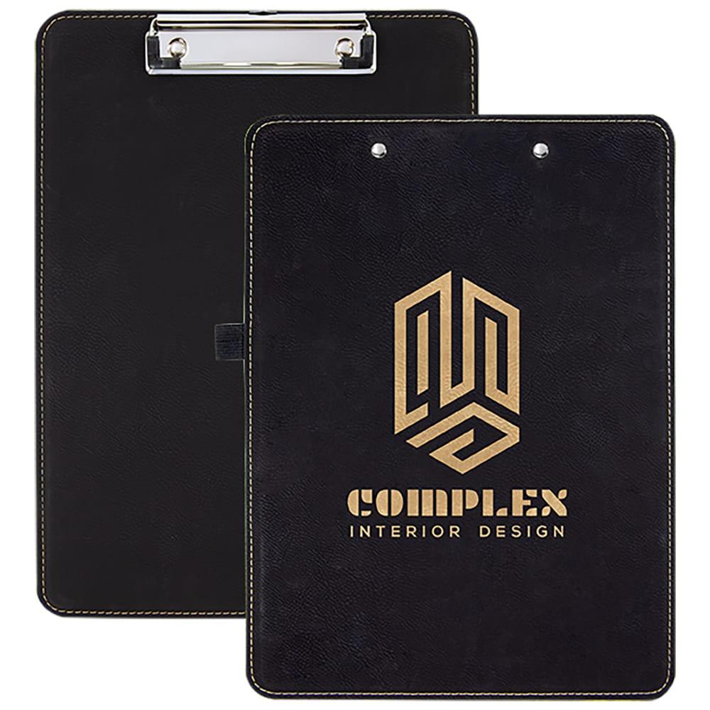 Personalized Clipboard, Engraved Faux Leather - Black/Gold