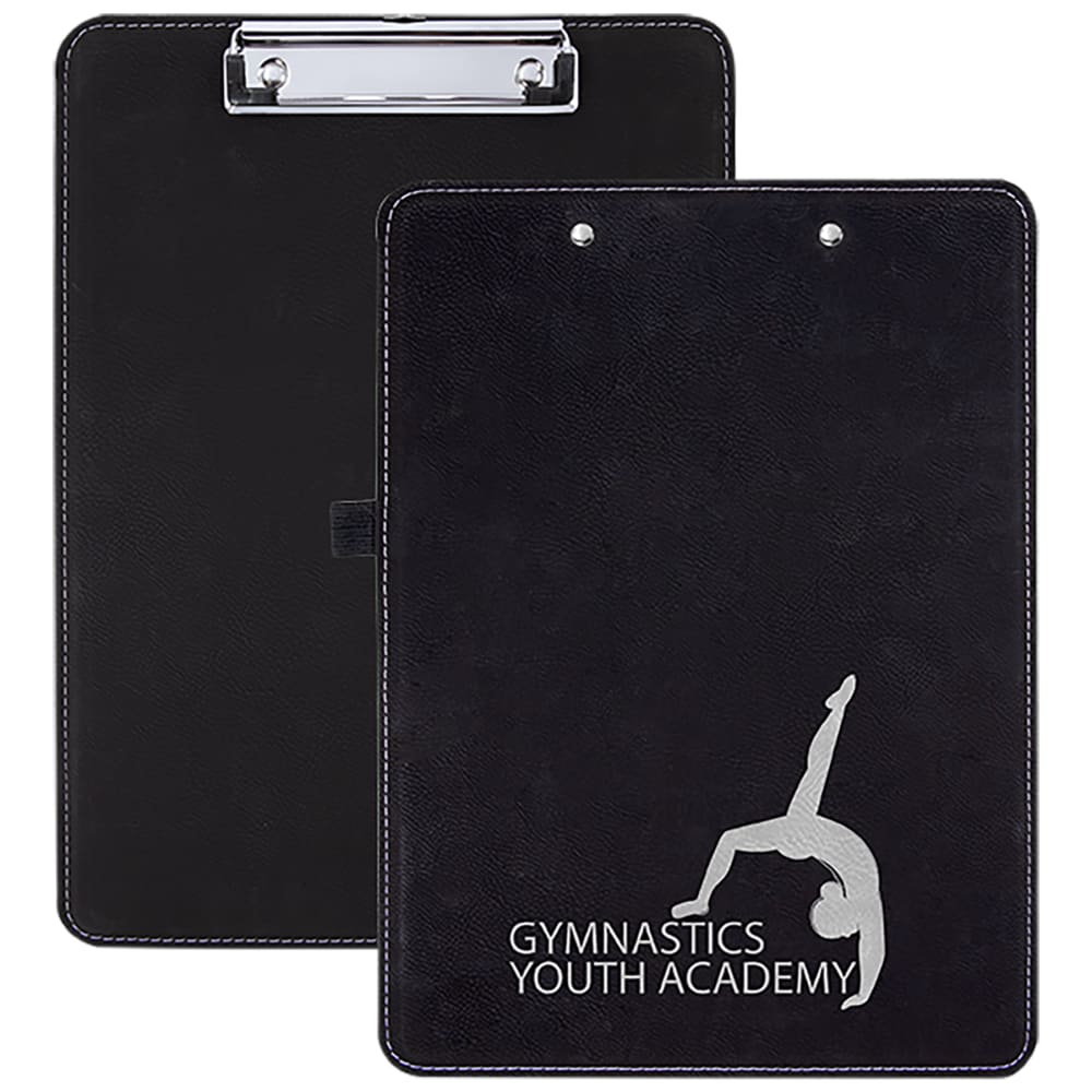 Personalized Clipboard, Engraved Faux Leather - Black/Silver