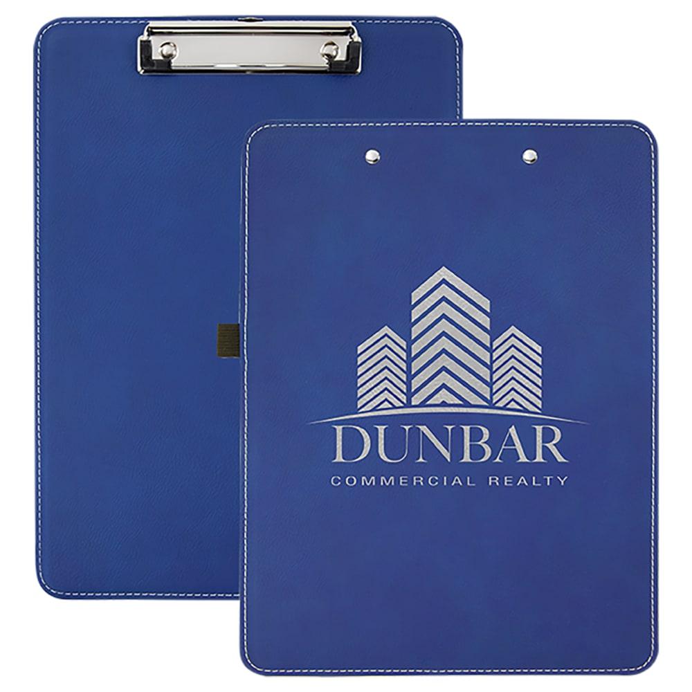 Personalized Clipboard, Engraved Faux Leather - Blue/Silver