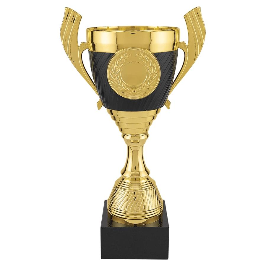 Completed Metal Cup Trophies, Blank (Single or 5) - 10 3/4" Gold/Black Plastic Cup Trophy, Black Marble Base
