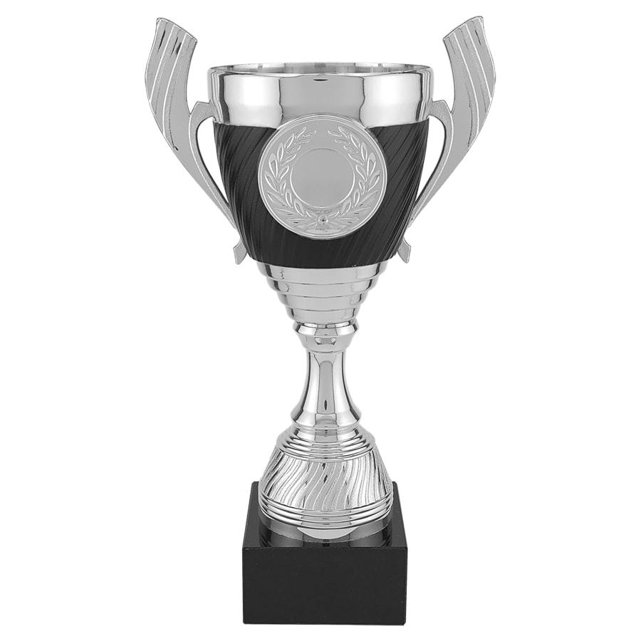 Completed Metal Cup Trophies, Blank (Single or 5) - 10 3/4" Silver/Black Plastic Cup Trophy, Black Marble Base