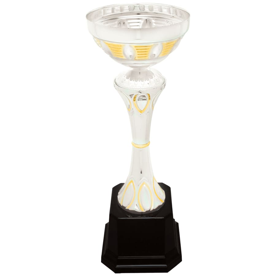 Completed Metal Cup Trophies, Blank (Single or 5) - 10 3/4" Silver/Gold Completed Metal Cup Trophy on Plastic Base