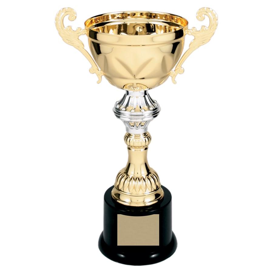 Completed Metal Cup Trophies, Blank (Single or 5) - 10" Gold Completed Metal Cup Trophy on Plastic Base