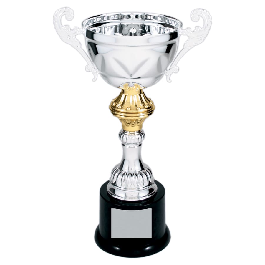 Completed Metal Cup Trophies, Blank (Single or 5) - 10" Silver Completed Metal Cup Trophy on Plastic Base