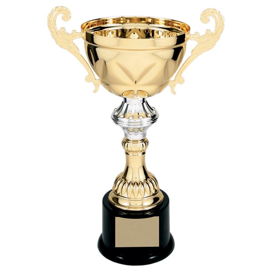 Completed Metal Cup Trophies, Blank (Single or 5) - 11 1/2" Gold Completed Metal Cup Trophy on Plastic Base
