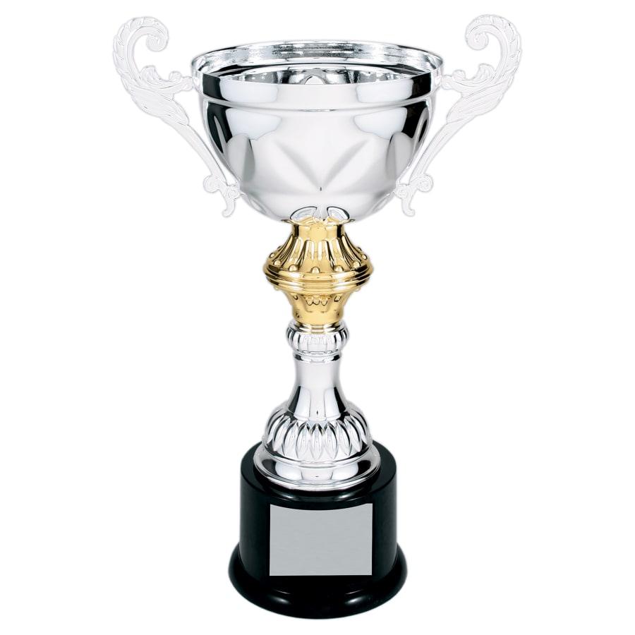 Completed Metal Cup Trophies, Blank (Single or 5) - 11 1/2" Silver Completed Metal Cup Trophy on Plastic Base