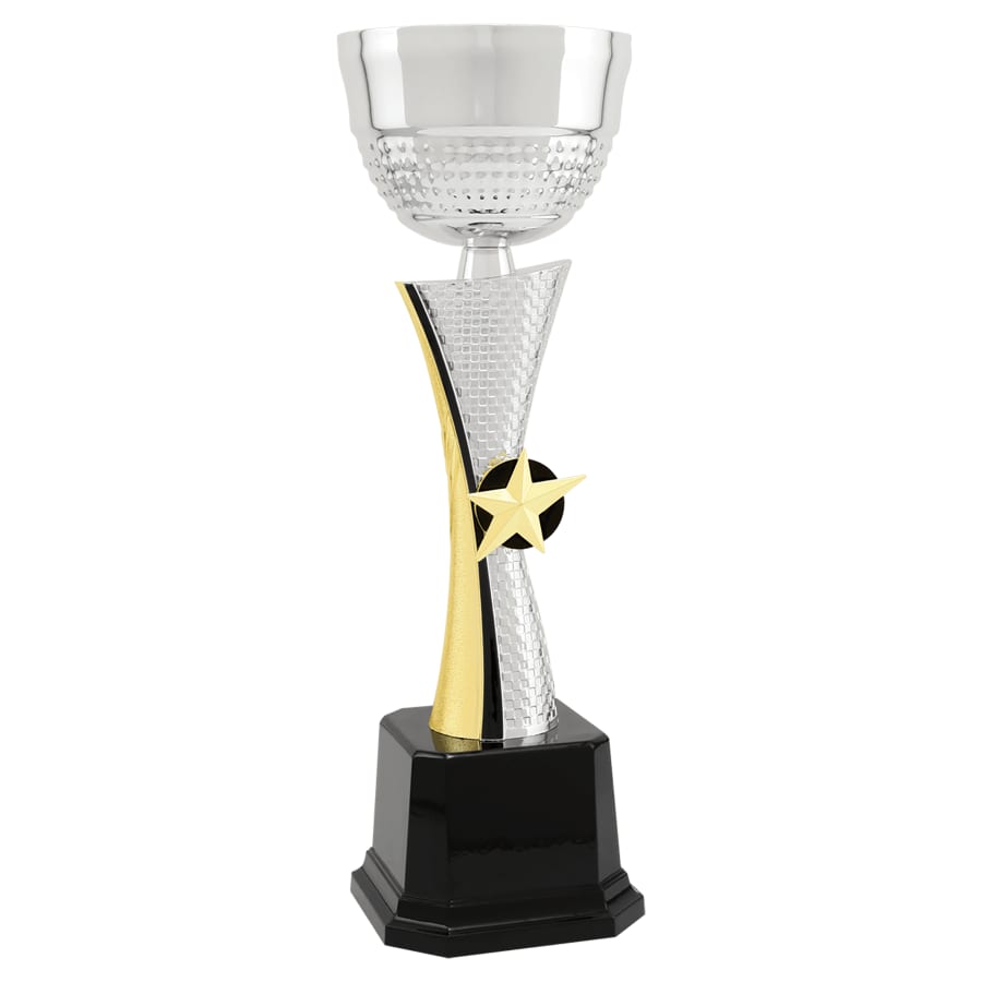Completed Metal Cup Trophies, Blank (Single or 5) - 11 3/4" Silver/Gold Textured Completed Metal Cup Trophy