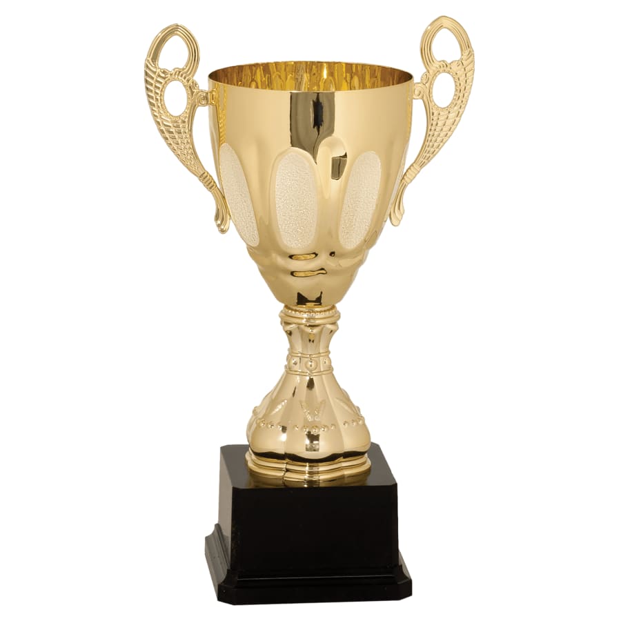 Completed Metal Cup Trophies, Blank (Single or 5) - 11" Gold Completed Metal Cup Trophy on Plastic Base