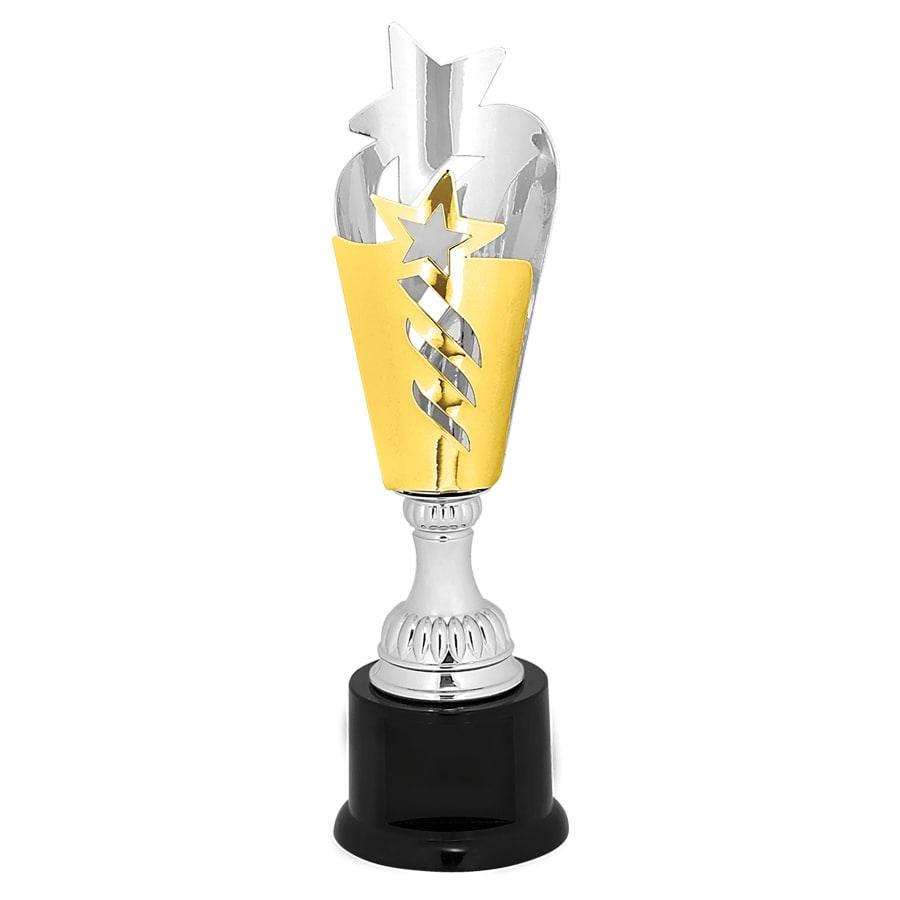 Completed Metal Cup Trophies, Blank (Single or 5) - 11" Silver & Gold Star Completed Metal Cup Trophy on Plastic Base