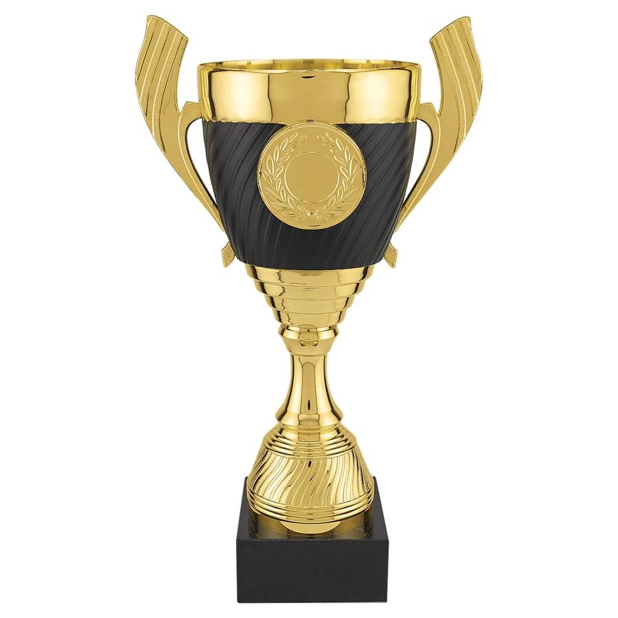Completed Metal Cup Trophies, Blank (Single or 5) - 12 1/2" Gold/Black Plastic Cup Trophy, Black Marble Base