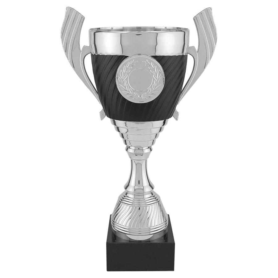 Completed Metal Cup Trophies, Blank (Single or 5) - 12 1/2" Silver/Black Plastic Cup Trophy, Black Marble Base
