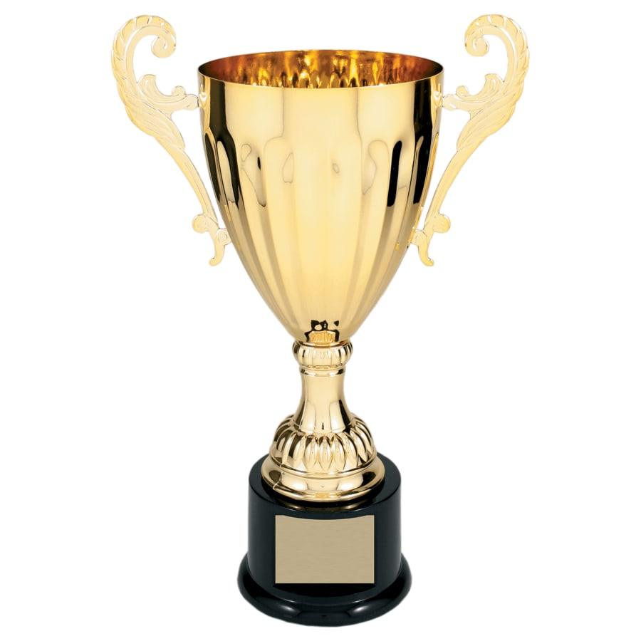 Completed Metal Cup Trophies, Blank (Single or 5) - 12" Gold Completed Metal Cup Trophy on Plastic Base
