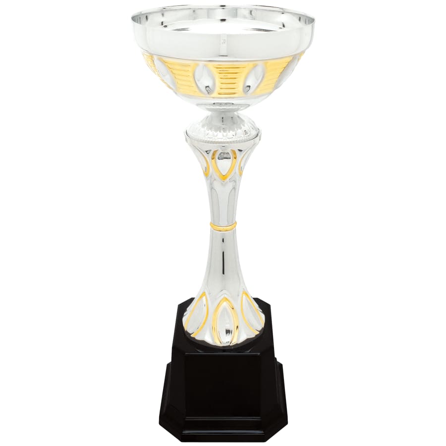 Completed Metal Cup Trophies, Blank (Single or 5) - 12" Silver/Gold Completed Metal Cup Trophy on Plastic Base