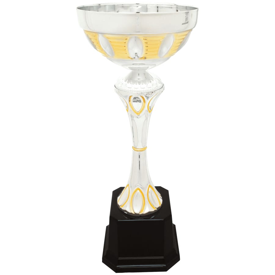 Completed Metal Cup Trophies, Blank (Single or 5) - 13 1/2" Silver/Gold Completed Metal Cup Trophy on Plastic Base