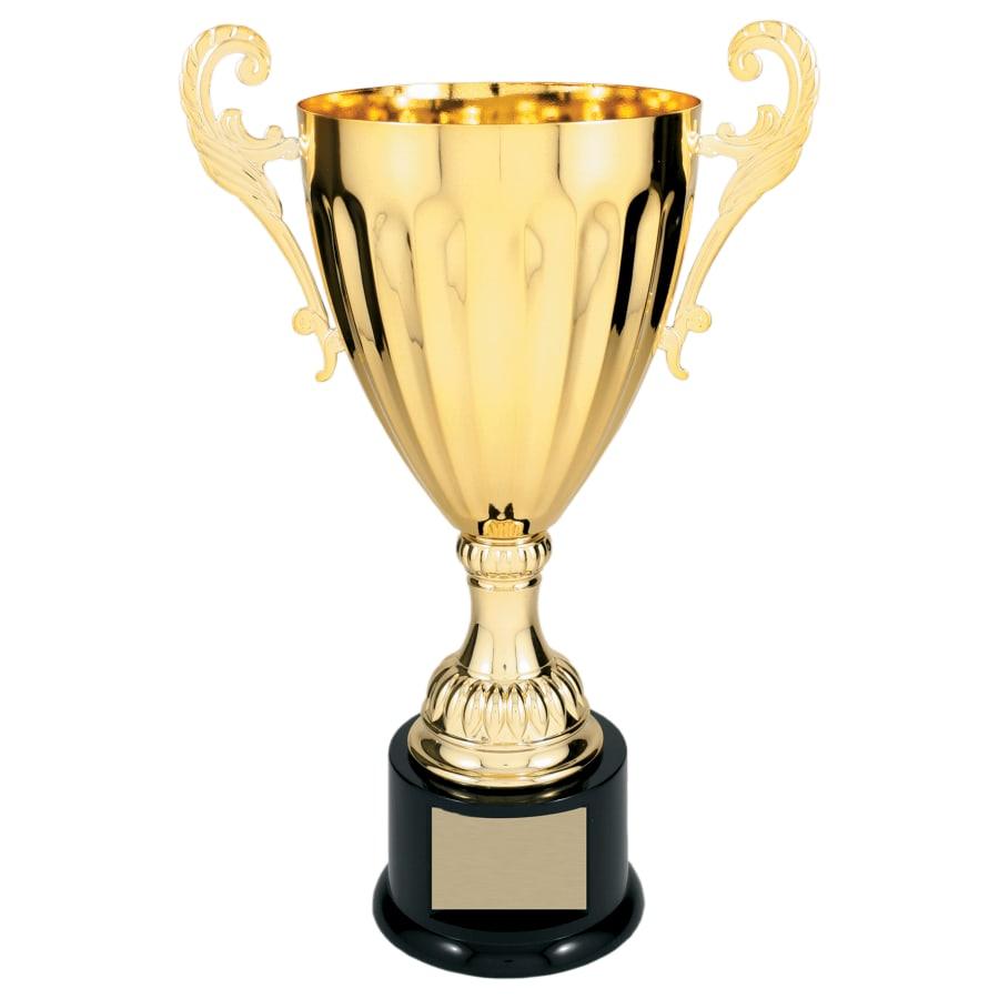 Completed Metal Cup Trophies, Blank (Single or 5) - 13 1/4" Gold Completed Metal Cup Trophy on Plastic Base