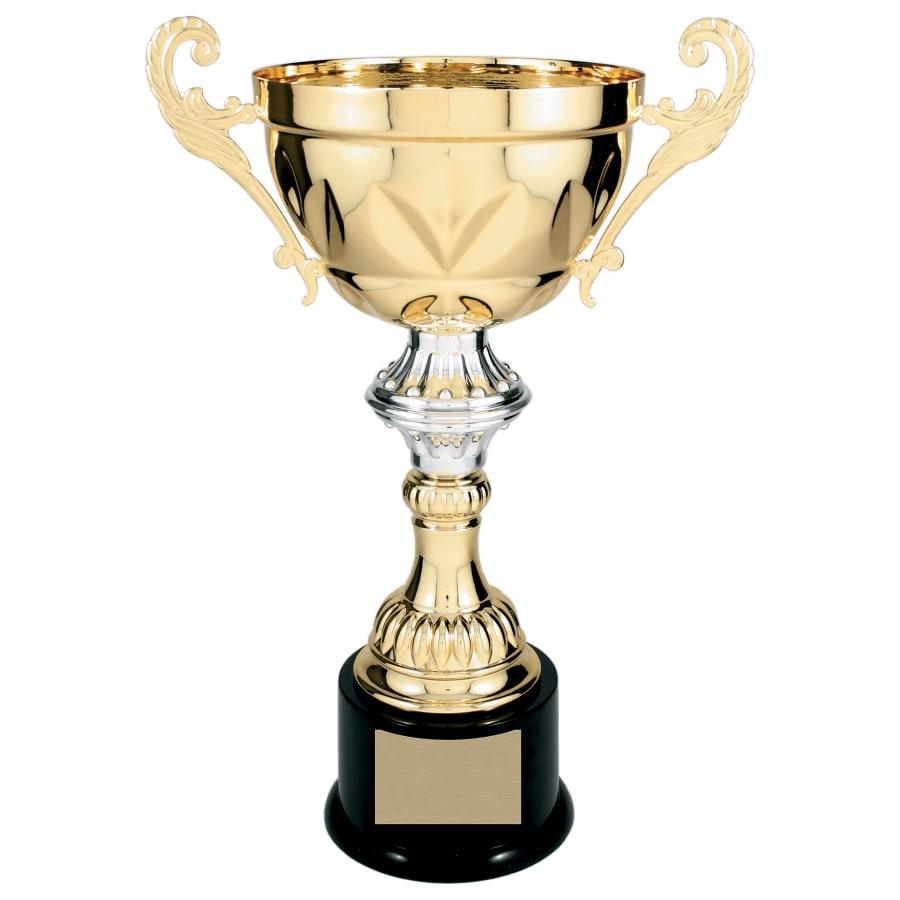 Completed Metal Cup Trophies, Blank (Single or 5) - 14 1/2" Gold Completed Metal Cup Trophy on Plastic Base