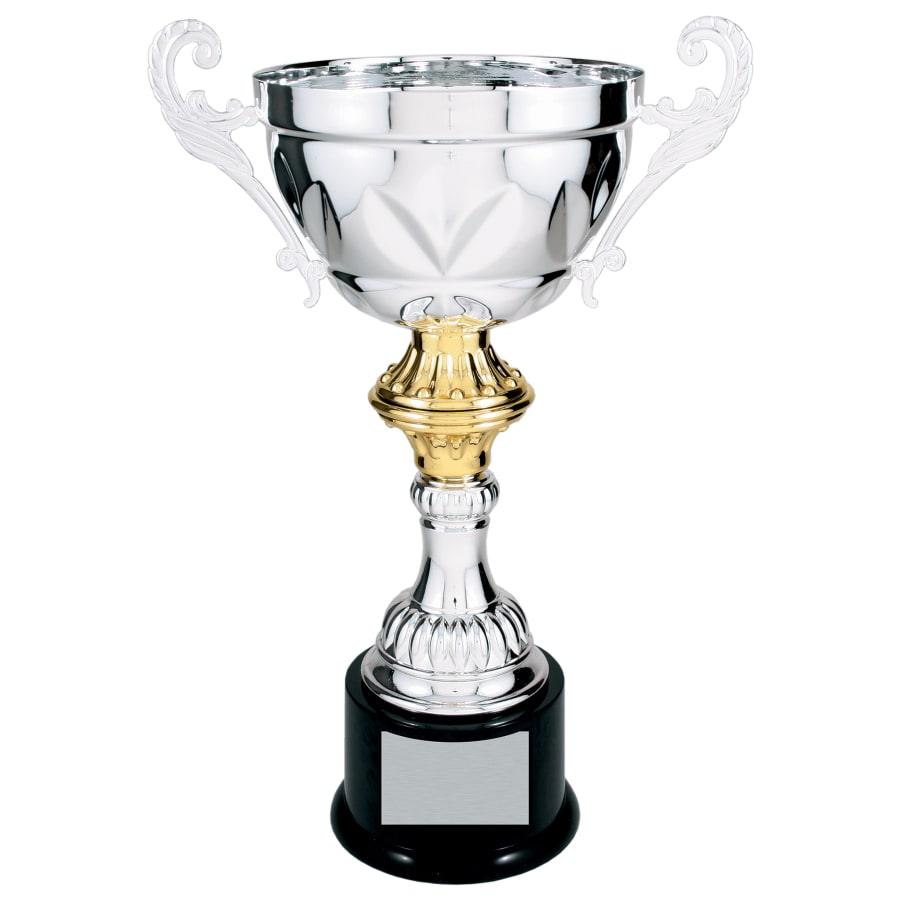 Completed Metal Cup Trophies, Blank (Single or 5) - 14 1/2" Silver Completed Metal Cup Trophy on Plastic Base