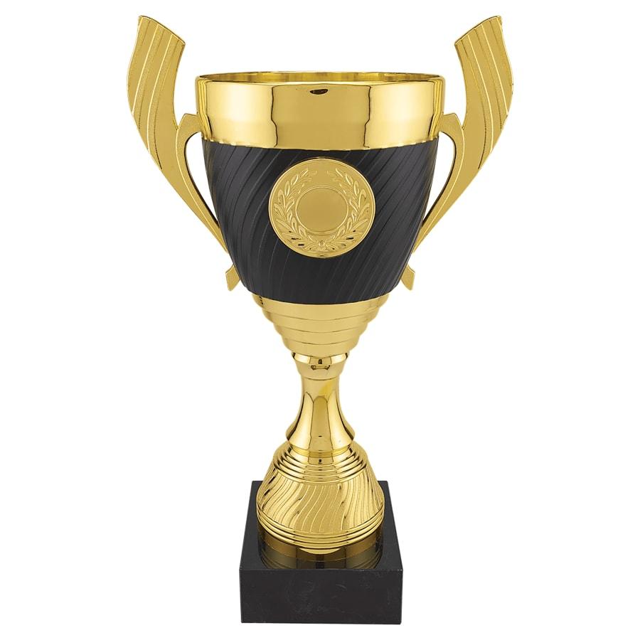 Completed Metal Cup Trophies, Blank (Single or 5) - 14 1/4" Gold/Black Plastic Cup Trophy, Black Marble Base