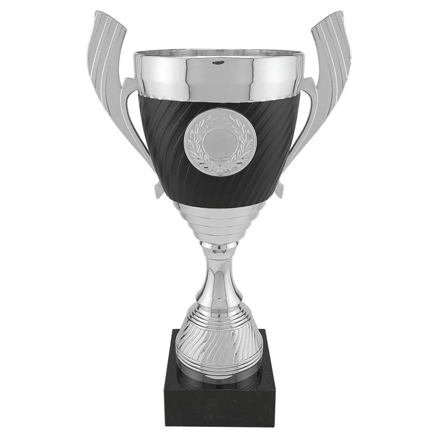 Completed Metal Cup Trophies, Blank (Single or 5) - 14 1/4" Silver/Black Plastic Cup Trophy, Black Marble Base