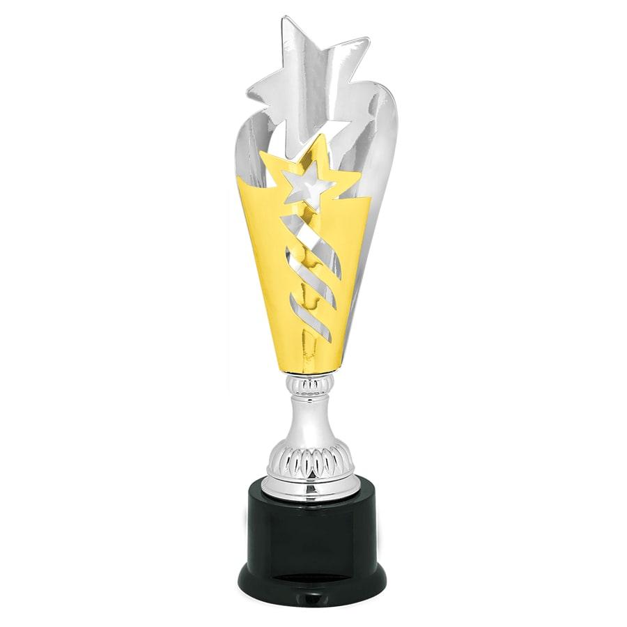 Completed Metal Cup Trophies, Blank (Single or 5) - 14" Silver & Gold Star Completed Metal Cup Trophy on Plastic Base