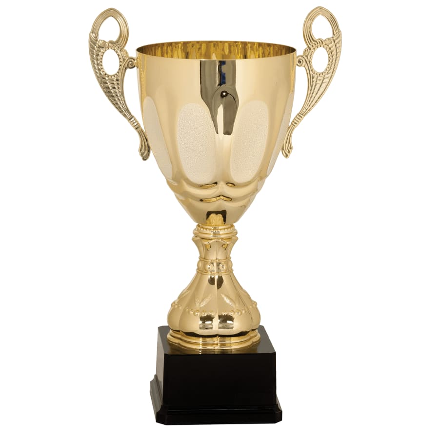 Completed Metal Cup Trophies, Blank (Single or 5) - 15 3/4" Gold Completed Metal Cup Trophy on Plastic Base