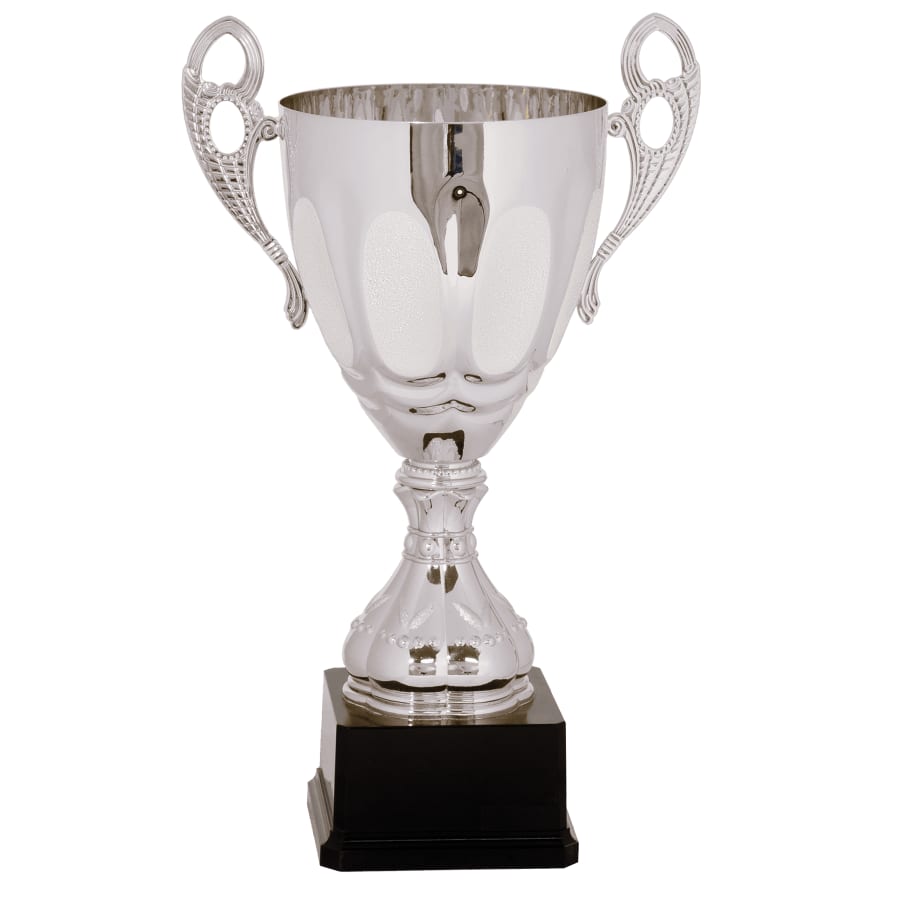 Completed Metal Cup Trophies, Blank (Single or 5) - 15 3/4" Silver Completed Metal Cup Trophy on Plastic Base