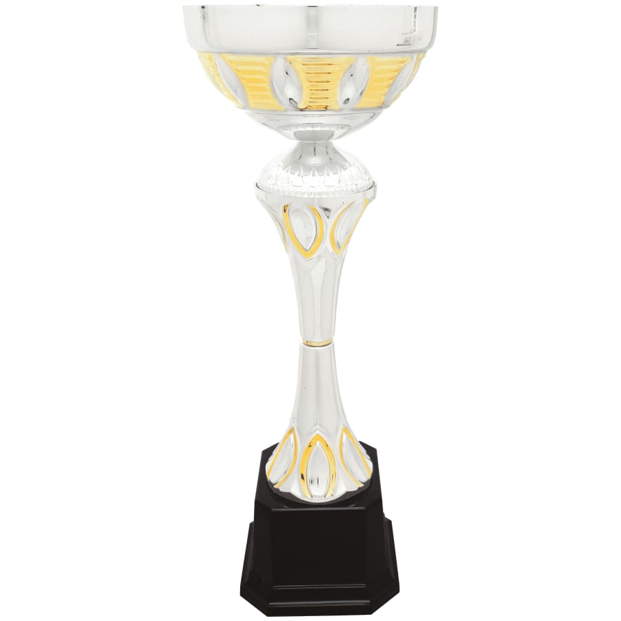 Completed Metal Cup Trophies, Blank (Single or 5) - 15" Silver/Gold Completed Metal Cup Trophy on Plastic Base