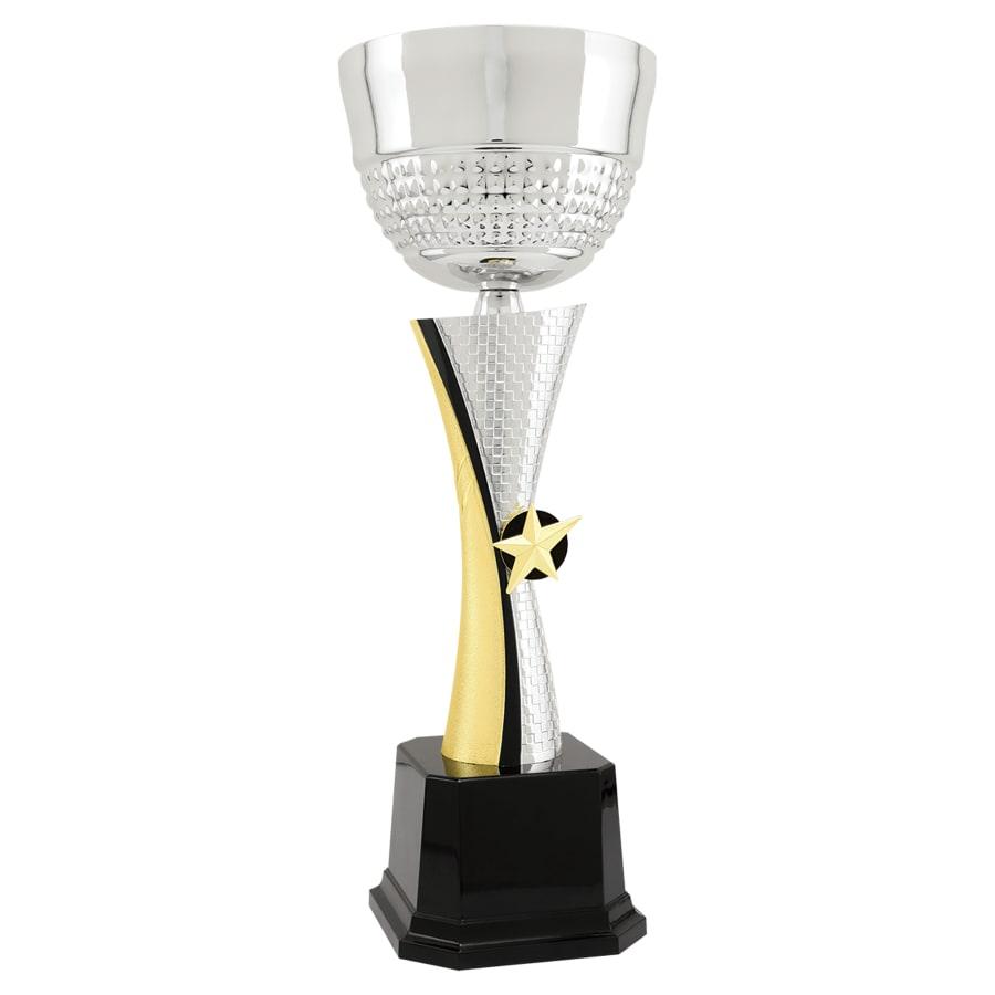 Completed Metal Cup Trophies, Blank (Single or 5) - 15" Silver/Gold Textured Completed Metal Cup Trophy