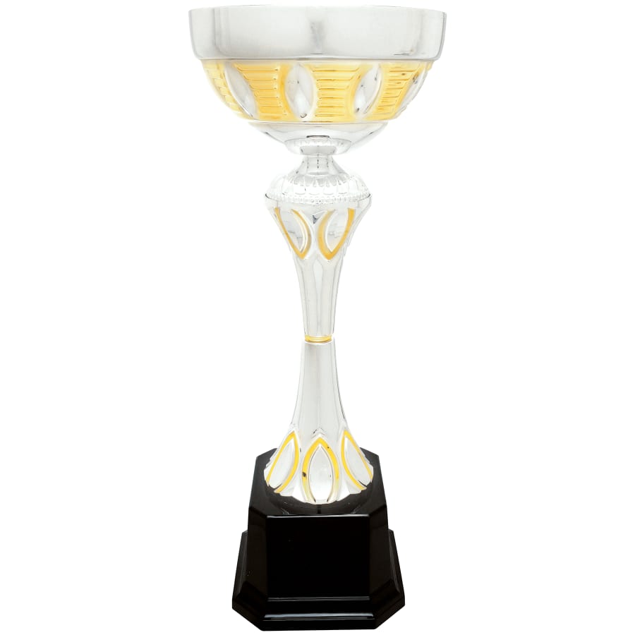 Completed Metal Cup Trophies, Blank (Single or 5) - 16 1/2" Silver/Gold Completed Metal Cup Trophy on Plastic Base