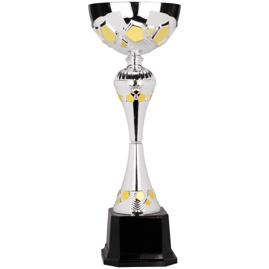 Completed Metal Cup Trophies, Blank (Single or 5) - 17 1/2" Silver/Gold Completed Metal Cup Trophy on Plastic Base