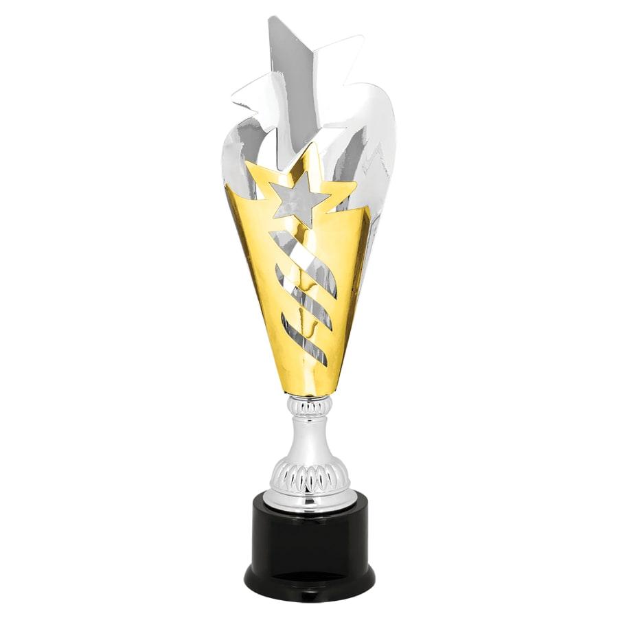 Completed Metal Cup Trophies, Blank (Single or 5) - 17 3/4" Silver & Gold Star Completed Metal Cup Trophy on Plastic Base