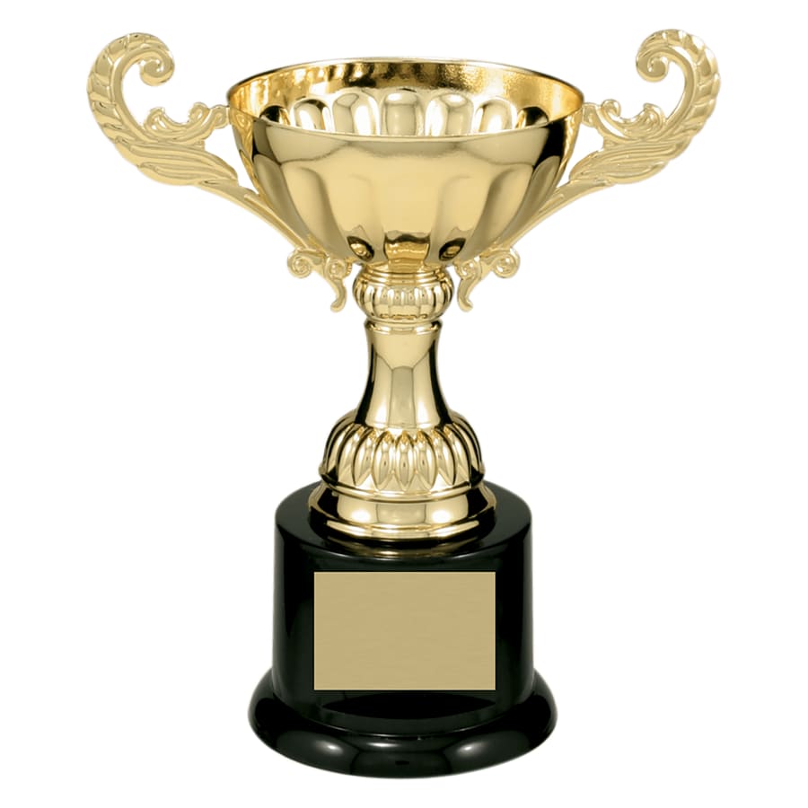 Completed Metal Cup Trophies, Blank (Single or 5) - 6 1/2" Gold Completed Metal Cup Trophy on Plastic Base
