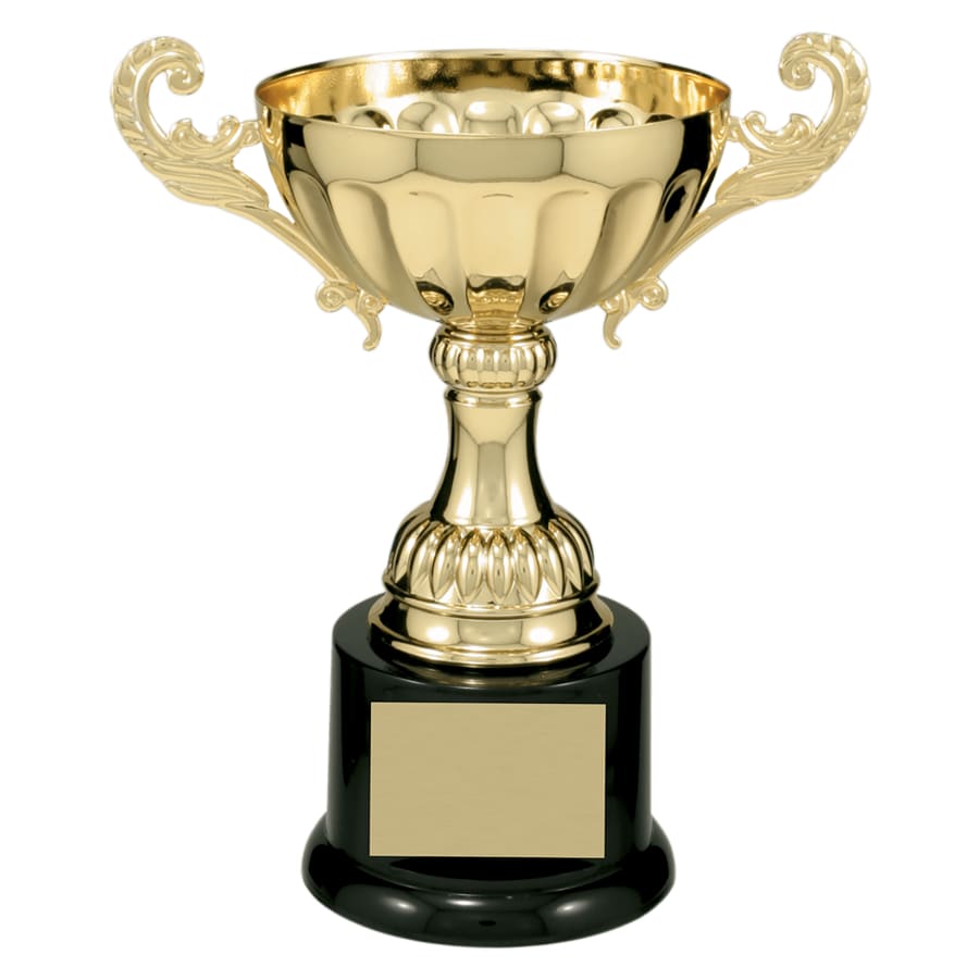 Completed Metal Cup Trophies, Blank (Single or 5) - 7 1/2" Gold Completed Metal Cup Trophy on Plastic Base