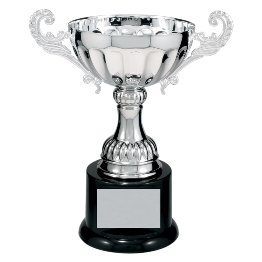 Completed Metal Cup Trophies, Blank (Single or 5) - 7 1/2" Silver Completed Metal Cup Trophy on Plastic Base