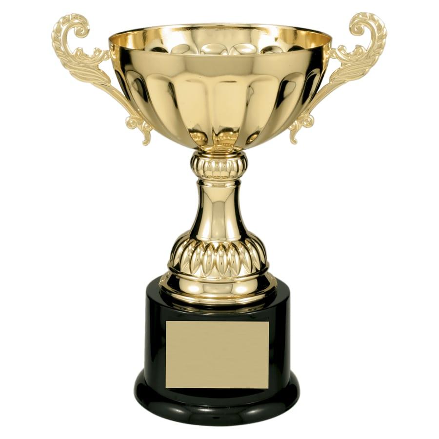 Completed Metal Cup Trophies, Blank (Single or 5) - 8 1/2" Gold Completed Metal Cup Trophy on Plastic Base