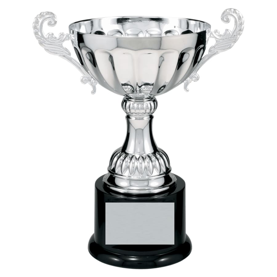 Completed Metal Cup Trophies, Blank (Single or 5) - 8 1/2" Silver Completed Metal Cup Trophy on Plastic Base