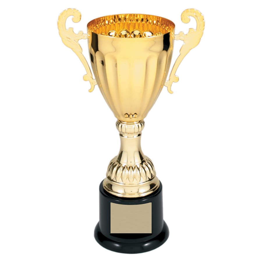 Completed Metal Cup Trophies, Blank (Single or 5) - 8 3/4" Gold Completed Metal Cup Trophy on Plastic Base (CMC301G)