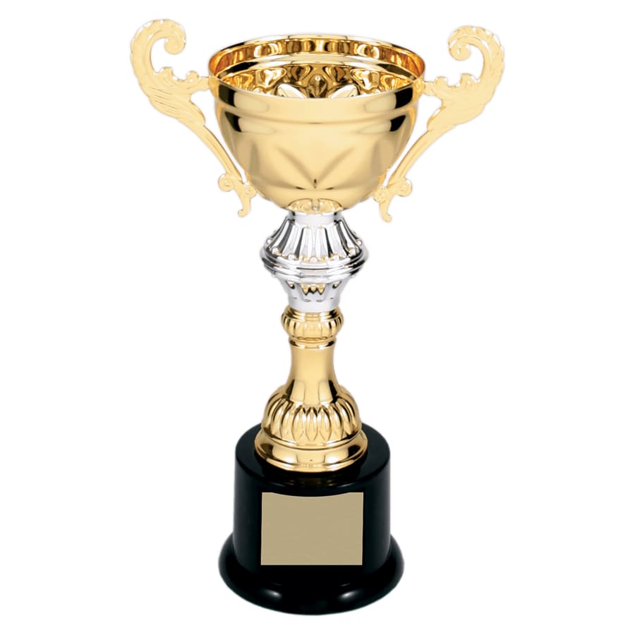 Completed Metal Cup Trophies, Blank (Single or 5) - 8 3/4" Gold Completed Metal Cup Trophy on Plastic Base