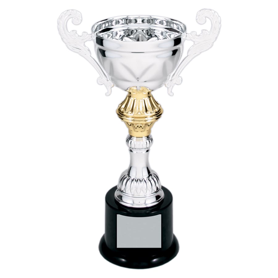 Completed Metal Cup Trophies, Blank (Single or 5) - 8 3/4" Silver Completed Metal Cup Trophy on Plastic Base